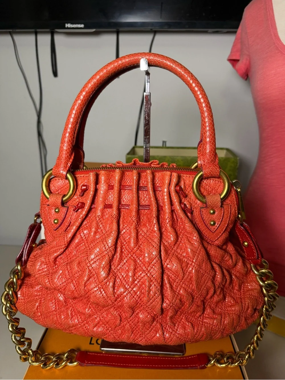 Marc Jacobs Embossed Python Leather Satchel – Coral Red